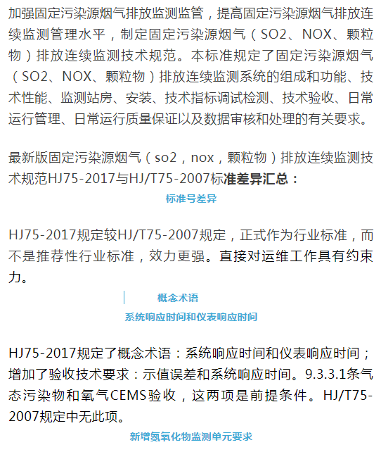 煙氣（so2，nox，顆粒物）排放連續(xù)監(jiān)測技術(shù)規(guī)范 HJ75-2017與HJ/T75-2007標(biāo)準(zhǔn)究竟有何不同